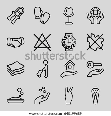 Hand icons set. set of 16 hand outline icons such as man with luggage, hand with seeds, mirror, soap, no wash, no bleaching, holding globe, remote control, house insurance