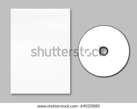 Blank white DVD case and disc on gray background