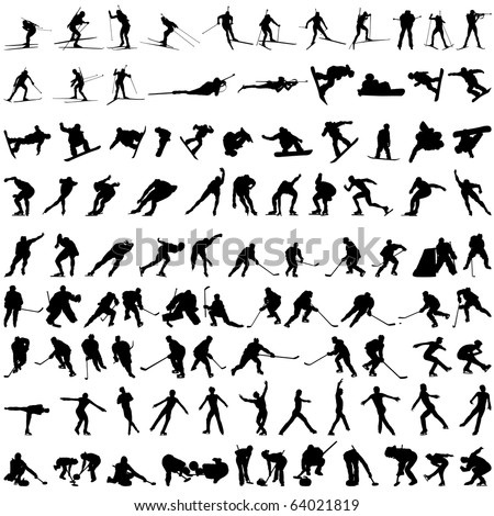Big Set of Smooth Different Winter Sport Pose Men and Women People  Silhouettes. Hockey, Biathlon, Snowboarder, Skating, Ice Skiing, Figure Skating, Curling. High Detail Vector Illustration. 