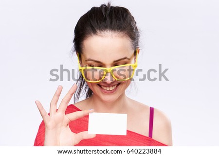  Woman in red t-shirt with glasses on her business card                              