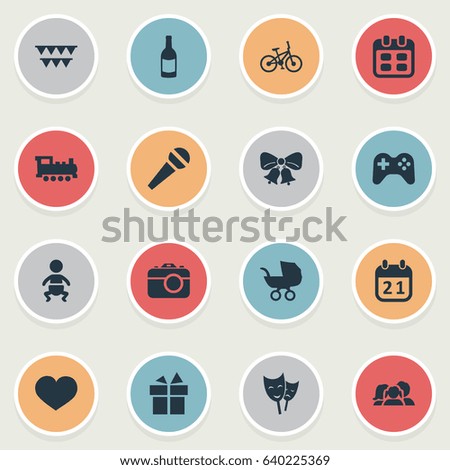 Vector Illustration Set Of Simple Birthday Icons. Elements Game, Special Day, Domestic And Other Synonyms Steam, Speech And Game.