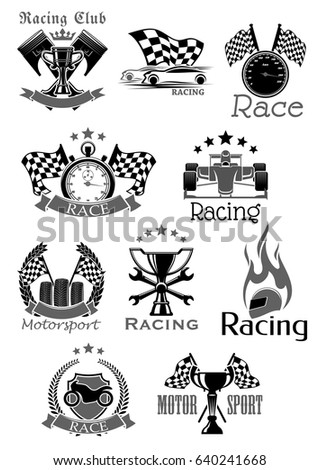Racing sport club or car speed race sport icons. Motor bike rally symbols set of sportscar firing helmet and wheel tires or checkered start flag. Vector victory ribbons and winner cup for championship