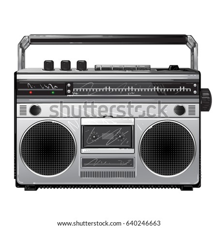  Silver retro radio boom box .Vintage tape recorder for audio cassettes. Retro audio player 