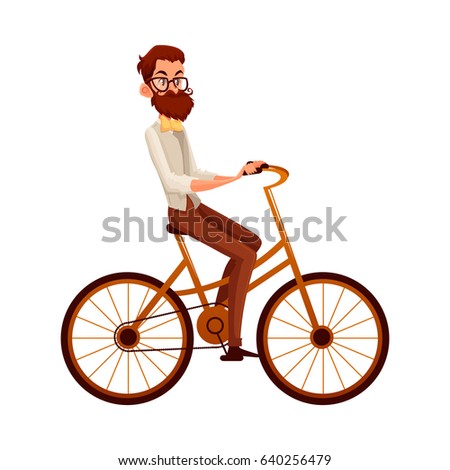 Bearded man in vest and bow tie riding a bicycle, cycling, cartoon vector illustration isolated on white background. Full length, side view portrait of bearded man, scientist riding a bicycle, cycling