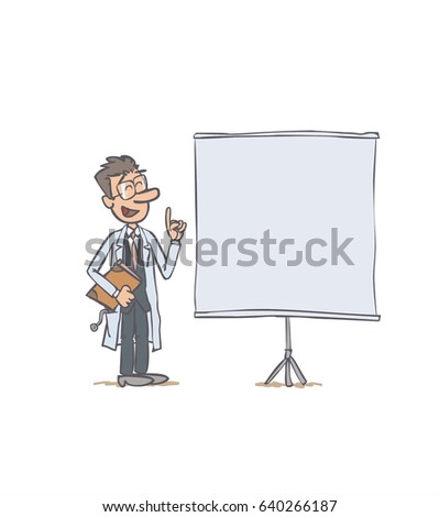 white male doctor showing something. The character holds a report and keeps a positive attitude. Vector illustration to isolated and funny cartoon character.