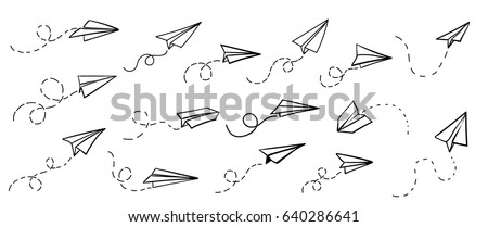 Vector paper airplane. Travel, route symbol. Set of vector illustration of hand drawn paper plane. Isolated. Outline. Hand drawn doodle airplane. Black linear paper plane icon. Royalty-Free Stock Photo #640286641
