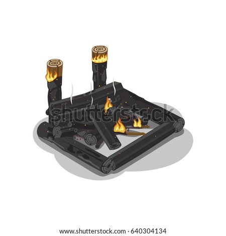 Dark burnt firewood with weak flame on white. Vector illustration of isolated place with black logs in square shape with fire. Flame made of forest trees for heating. Campfire tourist symbol