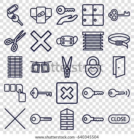 Close icons set. set of 25 close outline icons such as luggage storage, shutter blinds, diaper, door, key, push button, belt, heart lock, medical mask, cancel, cloth pin