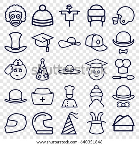 Hat icons set. set of 25 hat outline icons such as scarecrow, baby cap, baseball cap, chef, helmet, american football helmet, graduate emoji, soldier emot, arrows up