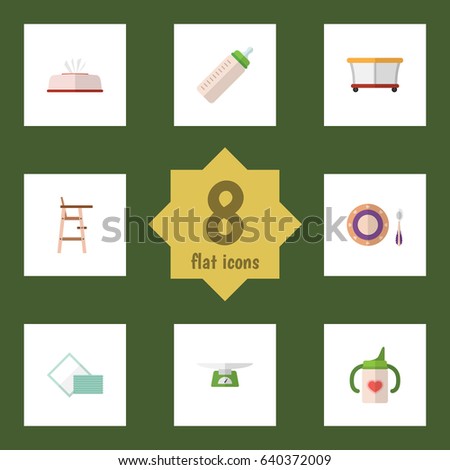 Flat Baby Set Of Children Scales, Tissue, Playground And Other Vector Objects. Also Includes Weighing, Stool, Box Elements.