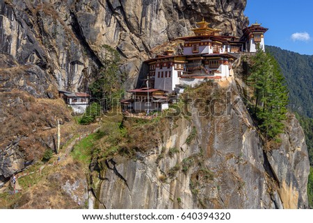 Tiger's Nest Monastery, Paro Taktsang, located high on a cliff in Paro, Bhutan, beautiful scenery and background of mountains and trees