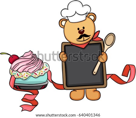 Teddy bear chef cook holding a blackboard menu with cake
