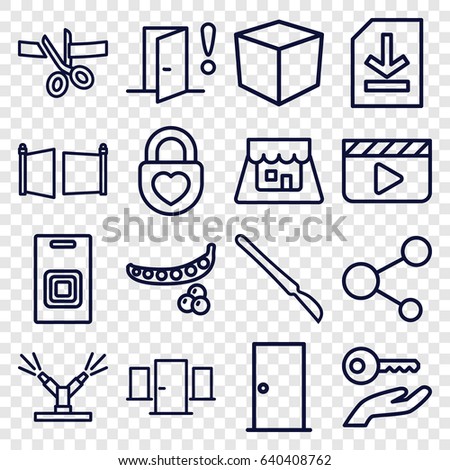 Open icons set. set of 16 open outline icons such as peas, door, heart lock, share, scalpel, file, shop, watering system, gate, door warning, door bell, box, key on hand