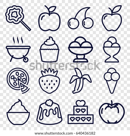 Delicious icons set. set of 16 delicious outline icons such as apple, cherry, ice cream ball, milkshake, pie, muffin, lollipop, strawberry, banana, pizza, ice cream, barbeque