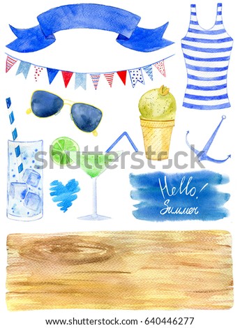 Blue color Summer element watercolor set