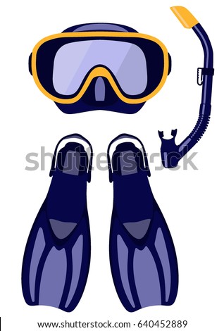scuba mask and snorkel, diving flippers isolated on white background, vector illustration