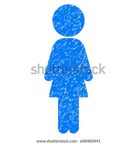 Grunge Standing Girl icon with grunge design and unclean texture. Unclean vector blue pictogram for rubber seal stamp imitations and watermarks. Draft emblem symbol.