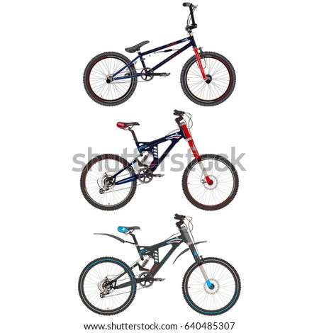 Vector set of sport bikes. Bmx and mountain bicycles flat style design elements isolated on white background.