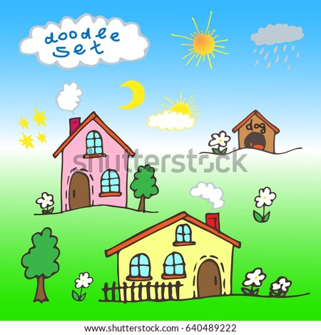 A set of cartoon houses painted by hand. Vector illustration