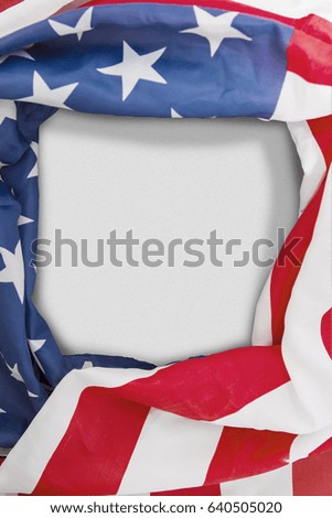 High angle view of American flag shaped a frame with empty message on white background
