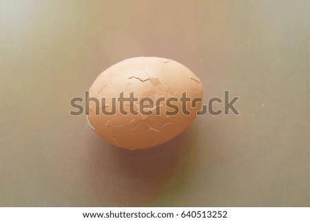 The cracked egg shell is on a light brown background.