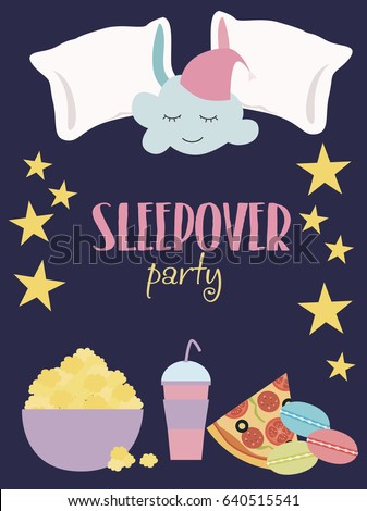Sleepover invitation card with cute elements. Girl party. Vector illustration