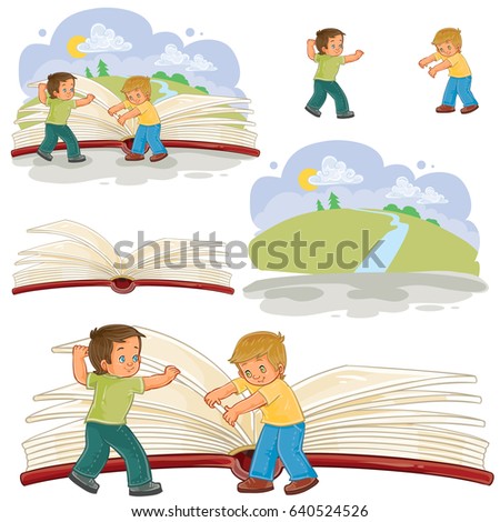 Set of vector illustrations of little boys turn pages great book, read the book of life. Metaphor