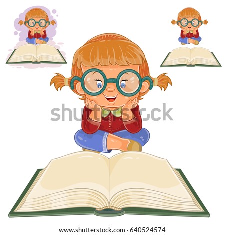 Vector illustration of small girl with glasses sitting and reading a book