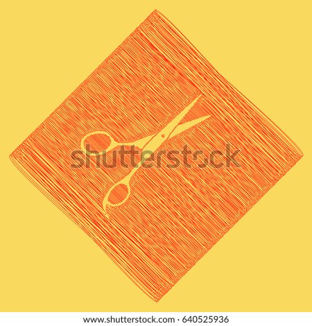Hair cutting scissors sign. Vector. Red scribble icon obtained as a result of subtraction rhomb and path. Royal yellow background.