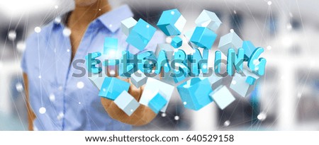 Woman holding on blurred background touching floating 3D render e-learning presentation with cube