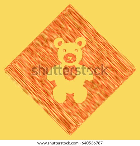 Teddy bear sign illustration. Vector. Red scribble icon obtained as a result of subtraction rhomb and path. Royal yellow background.