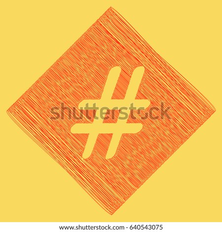 Hashtag sign illustration. Vector. Red scribble icon obtained as a result of subtraction rhomb and path. Royal yellow background.