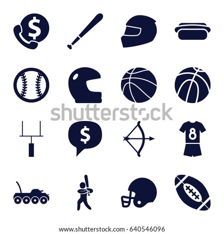 American icons set. set of 16 american filled icons such as hot dog, baseball player, goal post, helmet, football uniform, baseball, baseball bat, basketball, bow