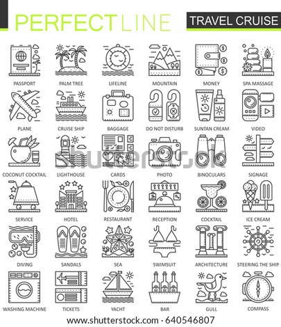 Travel cruise outline concept symbols. Perfect thin line icons. Modern stroke linear style illustrations set.