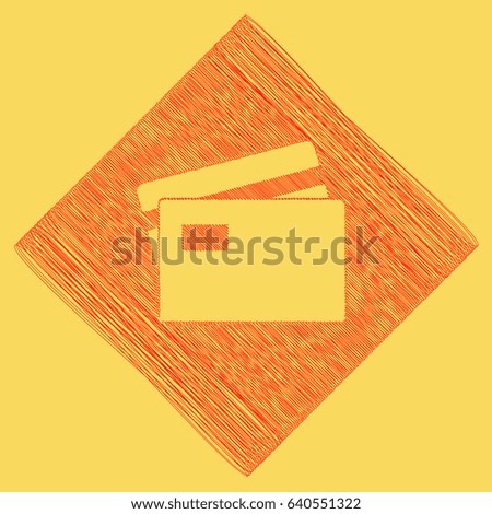 Credit Card sign. Vector. Red scribble icon obtained as a result of subtraction rhomb and path. Royal yellow background.