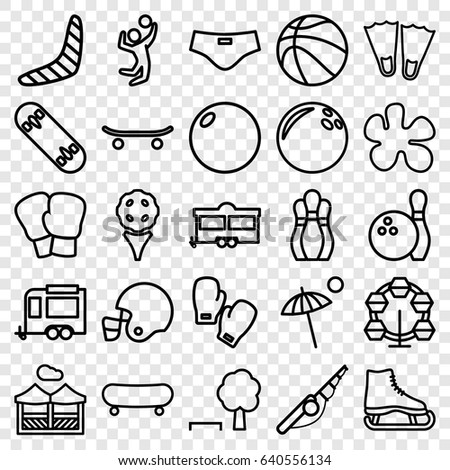 set of 25 recreation outline icons such as boomerang, trailer, pergola, umbrella, man swim wear, volleyball player, skateboard, skate board, bowling