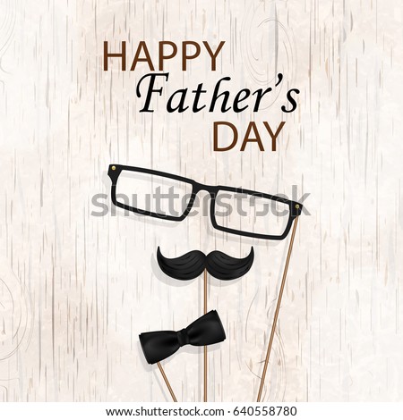 Happy Fathers Day concept. Design with bow tie, mustache, black glasses on  wooden background. Template for greeting card, Banner, flyer, invitation, congratulation, poster design. Vector illustration Royalty-Free Stock Photo #640558780