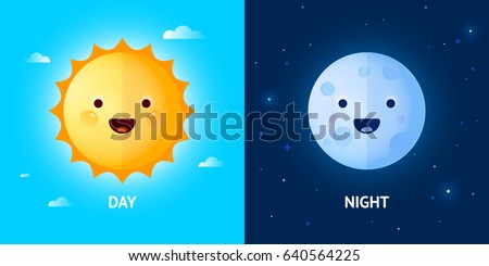 Vector day and night illustration with cute smiling sun and moon cartoon characters