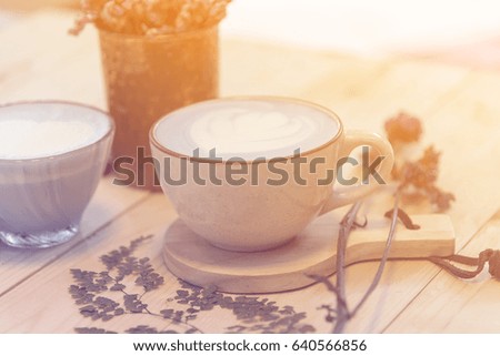 blue latte art coffee and tea, vintage filter image