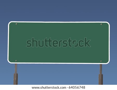 Big blank green highway road sign with gradient blue sky.