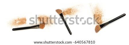 A set of overhead shots of a makeup brush and powder on a white background. A collection of templates for a makeup artist's business card or flyer design, with plenty of copy space