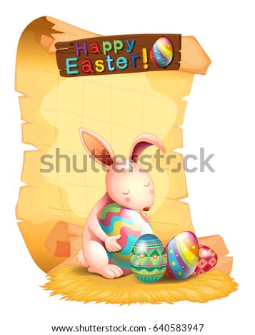 Happy Easter poster design with bunny and eggs illustration
