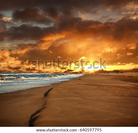 Empty sandy beach and windy sea on the background of dramatic sky cloud