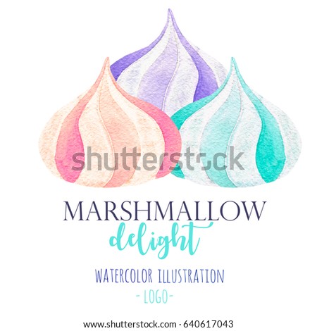 Watercolor marshmallow illustration, hand drawn isolated on a white background, for use in a logo, sign, symbol