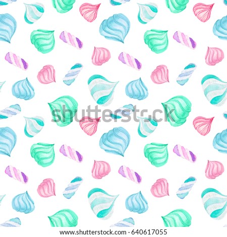 Seamless pattern with watercolor marshmallow, hand drawn isolated on a white background