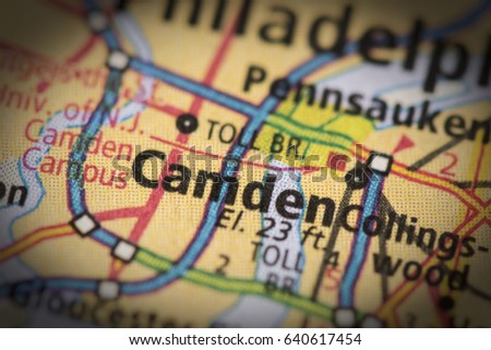 Closeup of Camden, New Jersey on a road map of the United States.