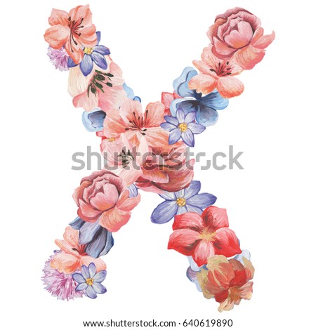 Letter X of watercolor flowers, isolated hand drawn on a white background, wedding design, english alphabet.