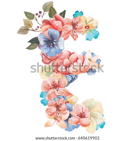 Letter E of watercolor flowers, isolated hand drawn on a white background, wedding design, english alphabet.