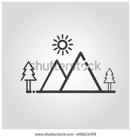 Line mountains and shinning sun and trees icon. Vector illustration.