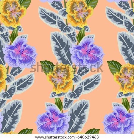 Seamless tropical pattern with hibiscus flowers. Hand-drawn floral background for printing on fabric, clothing, home textiles, wallpaper, gift wrapping. Romantic design.